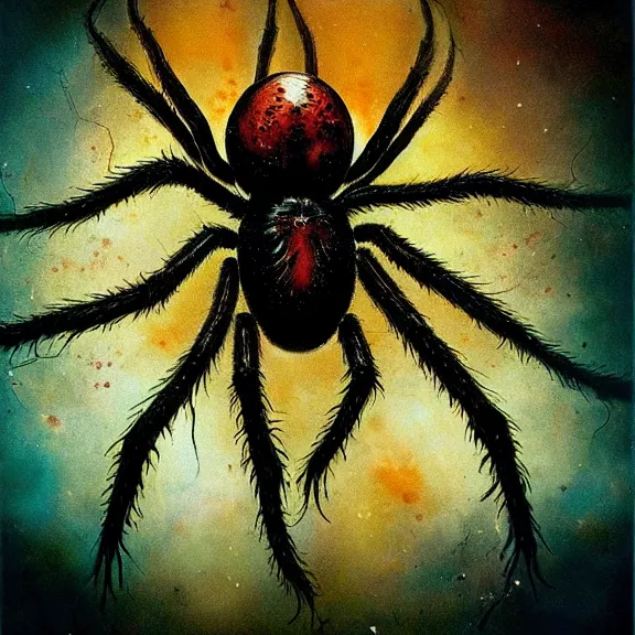 Image similar to a creature from a major horror hollywood movie, giant black widow spider, a picture taken by Michael Komarck and giger, bleeding decaying colors!