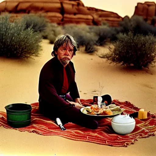 Prompt: autochrome wet plate photograph of luke skywalker having a picnic in the desert