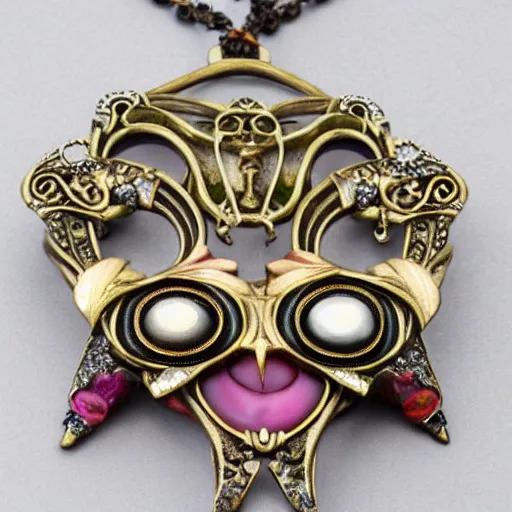 Image similar to beautiful artnouveau style necklace made of the face of a demoness and vampiress showing love with gem flowers in the style of René lalique