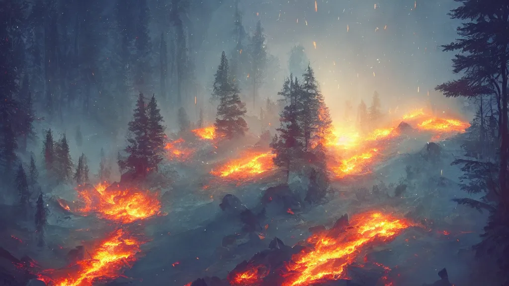 Image similar to large glowing flaming green crystal fragments falling from the sky, landing on top of a burning forest, by sylvain sarrailh, rossdraws, ambient light, ultra detailed, fantasy artwork, 8 k, volumetric lighting, trending on artstation, award winning, beautiful scenery, very beautiful.