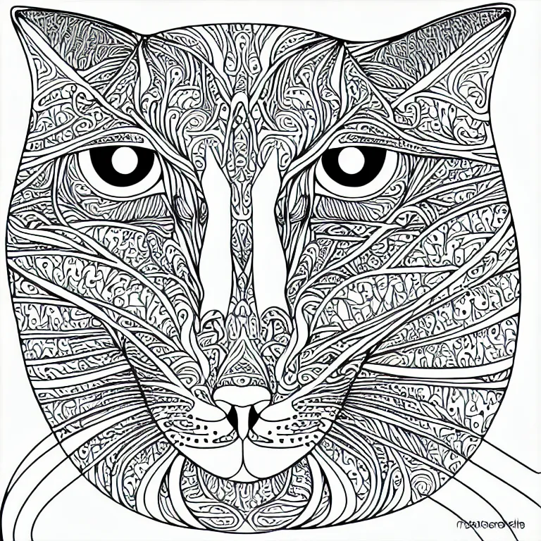 Image similar to beautiful cat's head, ornaments, fractal, line art, vector, outline, ink drawing, simplified, colouring page