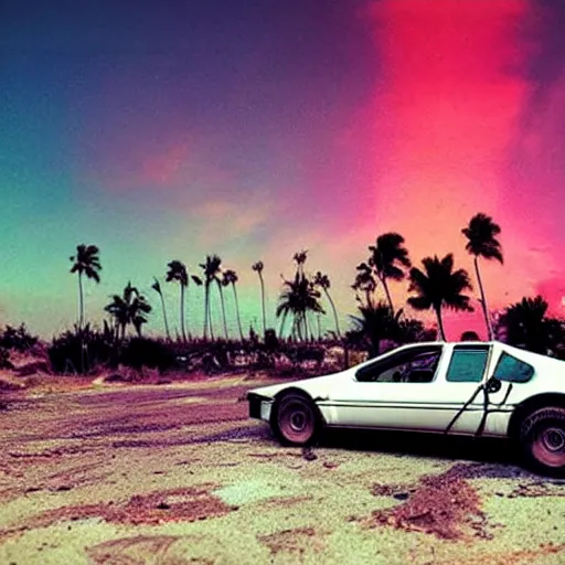 Image similar to car wide shot epic post apocalyptic landscape miami nuke fire craters end of the world miami beach sunset vapor wave palm trees 80s synth retrowave delorean decal