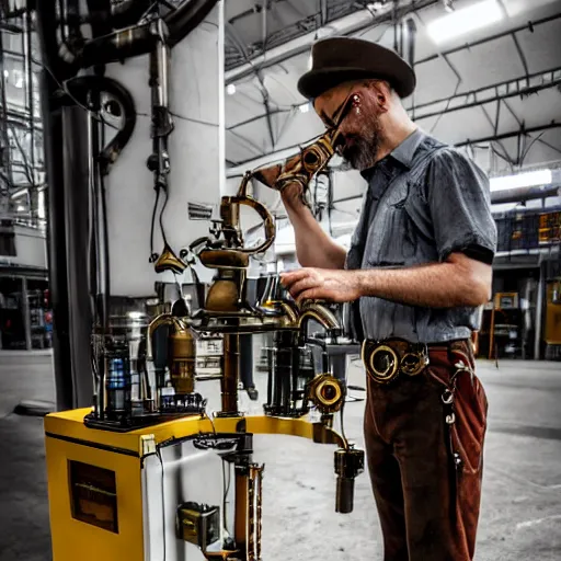 Image similar to A random pointless contraption ((((steampunk)))) industrial appliance pneumatic machine with no apparent purpose, being operated by a scholarly looking man with a clear directed gaze, XF IQ4, f/1.4, ISO 200, 1/160s, 8K, RAW, unedited, symmetrical balance, in-frame