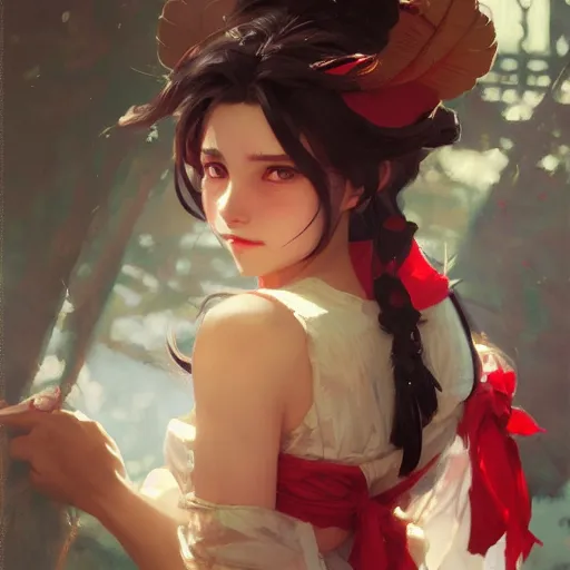 Image similar to a portrait painting of reimu hakurei, by greg rutkowski, artgerm, wlop, ruan jia, krenz cushart, alphonse mucha, marble, gold, unreal engine 5