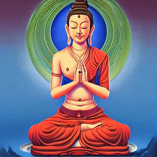 Image similar to contented female bodhisattva, praying meditating, portrait illustration by Jason Edmiston