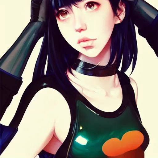 Image similar to a beautiful young japanese billie eilish kat dennings alluring instagram model in elaborate latex tank top, by guweiz and wlop and ilya kuvshinov and artgerm and makoto shinkai and studio ghibli, symmetrical eyes, aesthetic, gorgeous, stunning, alluring, attractive, artstation, deviantart, pinterest, digital art