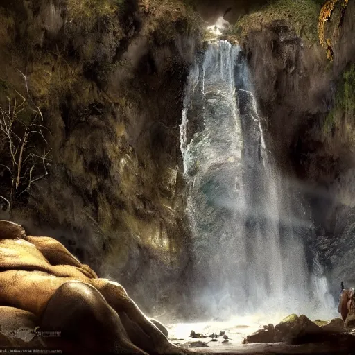 Image similar to a monstrous giant grizzly bear inside of a cave near a waterfall, highly detailed matte painting, sense of awe