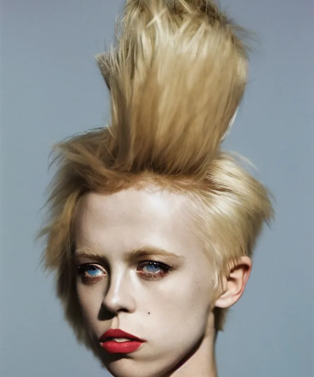 Image similar to a color photograph of edie campbell, bleached blonde short hair, by robert mapplethorpe, intense, bold, hyperrealistic, ultra sharp, extra details, ultra high quality, trending on pinteresst