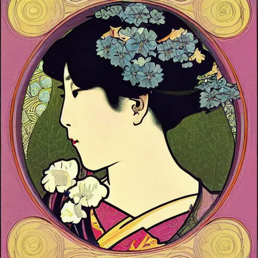 Prompt: a beautiful japanese illustratration, in the style of alphonse mucha and alex grey