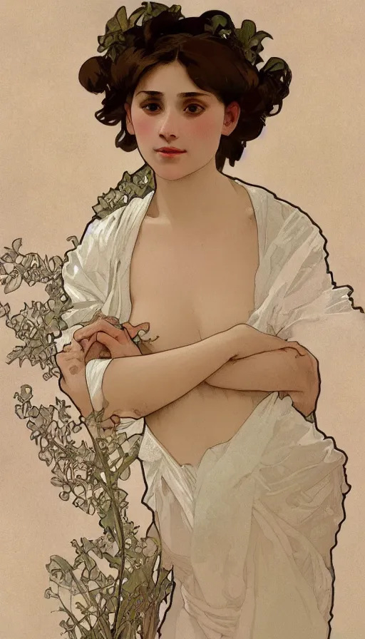 Image similar to elegant, cute girl portrait with open chest white ancient clothes by Alphonse Mucha, and Octane Render