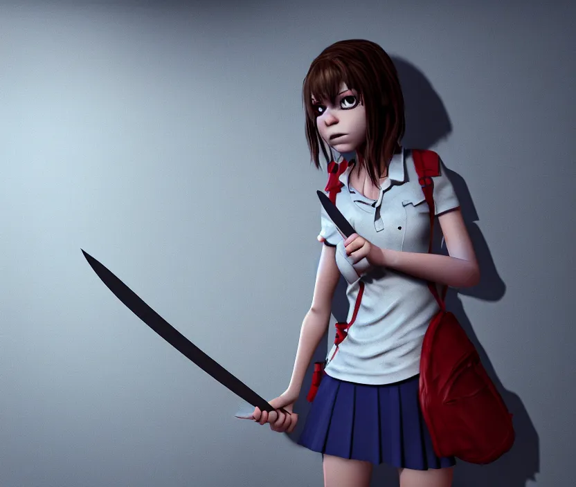 Image similar to school girl holding a knife and standing on an abandoned hospital room with red ceiling lighting and several blue lights on the walls, gloomy and foggy atmosphere, octane render, artstation trending, horror scene, highly detailded