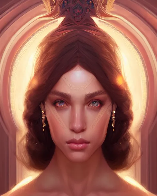 Image similar to symmetry portrait of brunette princess, glam, deco, glowing skin, intricate, elegant, highly detailed, digital painting, artstation, concept art, smooth, sharp focus, illustration, art by artgerm and greg rutkowski and fra angelico and unreal engine 5