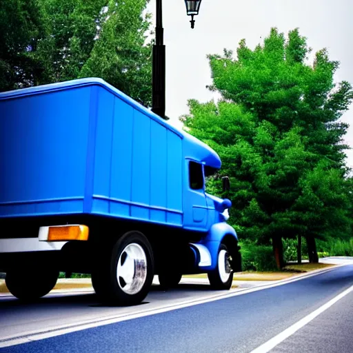 Image similar to blue truck stuck on a street light pole