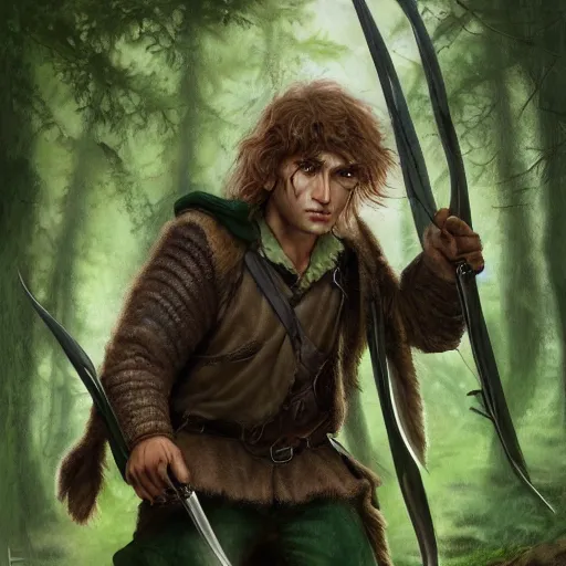 Prompt: a clean shaven rugged warrior hobbit in leather armor with very short hair and a dark green cloak and dark green hood hiking through the forest holding a hunting bow, clean shaven, trending on artstation, realistic, detailed, by Tony Sart