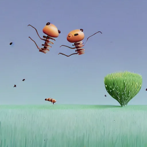 Prompt: Two anthills in the field at a distance, where the ants move food from one to the other, ilustration art by Goro Fujita