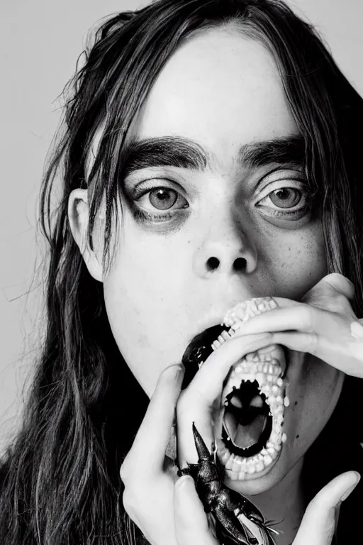 Image similar to black and white photo of Billie eilish with a crustacean crawling out of her mouth