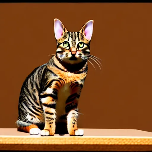 Prompt: a realistic photo of a tabby cat, sitting on a table,