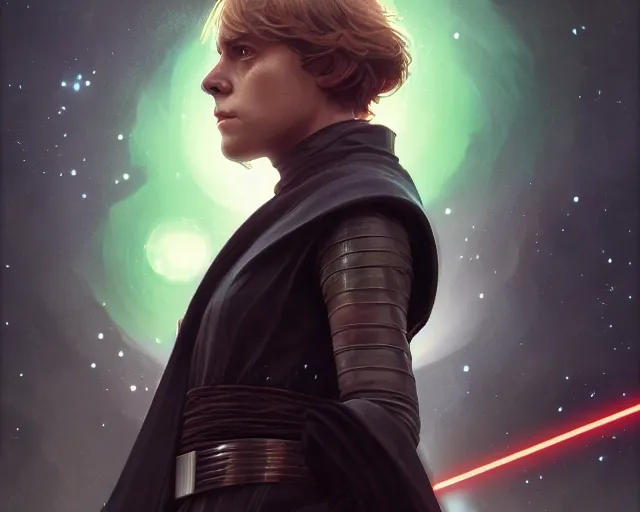 Image similar to photography of luke skywalker, deep focus, science fiction, star wars, green mist, intricate, elegant, highly detailed, digital painting, artstation, concept art, matte, sharp focus, illustration, art by artgerm and greg rutkowski and alphonse mucha