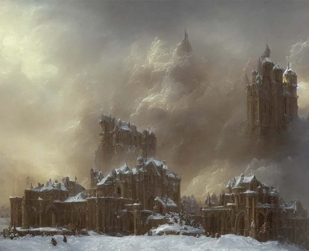 Image similar to pipe organ in winter, fantasy, medieval, grey smoke highly detailed, Artstation, oil on canvas painting by Thomas Cole and john howe and alan lee