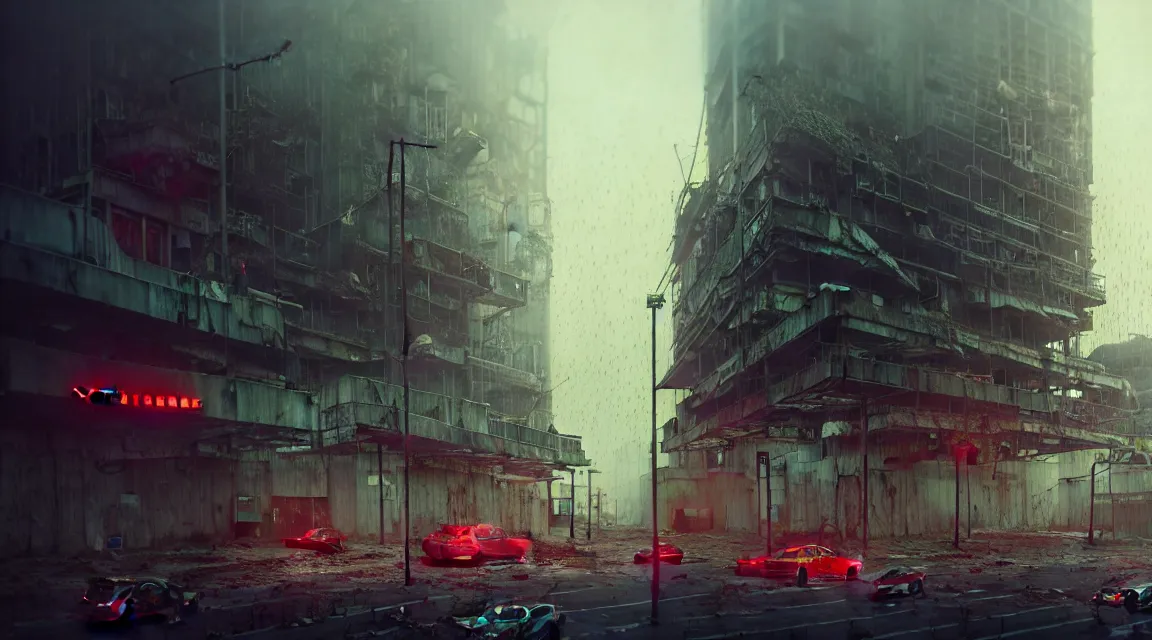 Image similar to post - apocalyptic city building, raining, building, avenue, modern contemporary urban americana concrete architecture, paved roads, by neil blevins trending on artstation, photorealistic, neon ambiance, ultra - detailed, high definition, depth of field, bokeh, wild vegetation, blood stains, crumbling, post - apocalyptic warriors