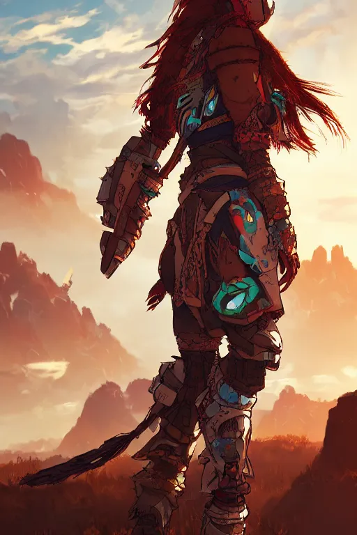 Image similar to combination suit armor aloy horizon forbidden west horizon zero dawn radiating a glowing aura global illumination ray tracing hdr fanart arstation by ian pesty and alena aenami artworks in 4 k tribal robot ninja mask helmet backpack