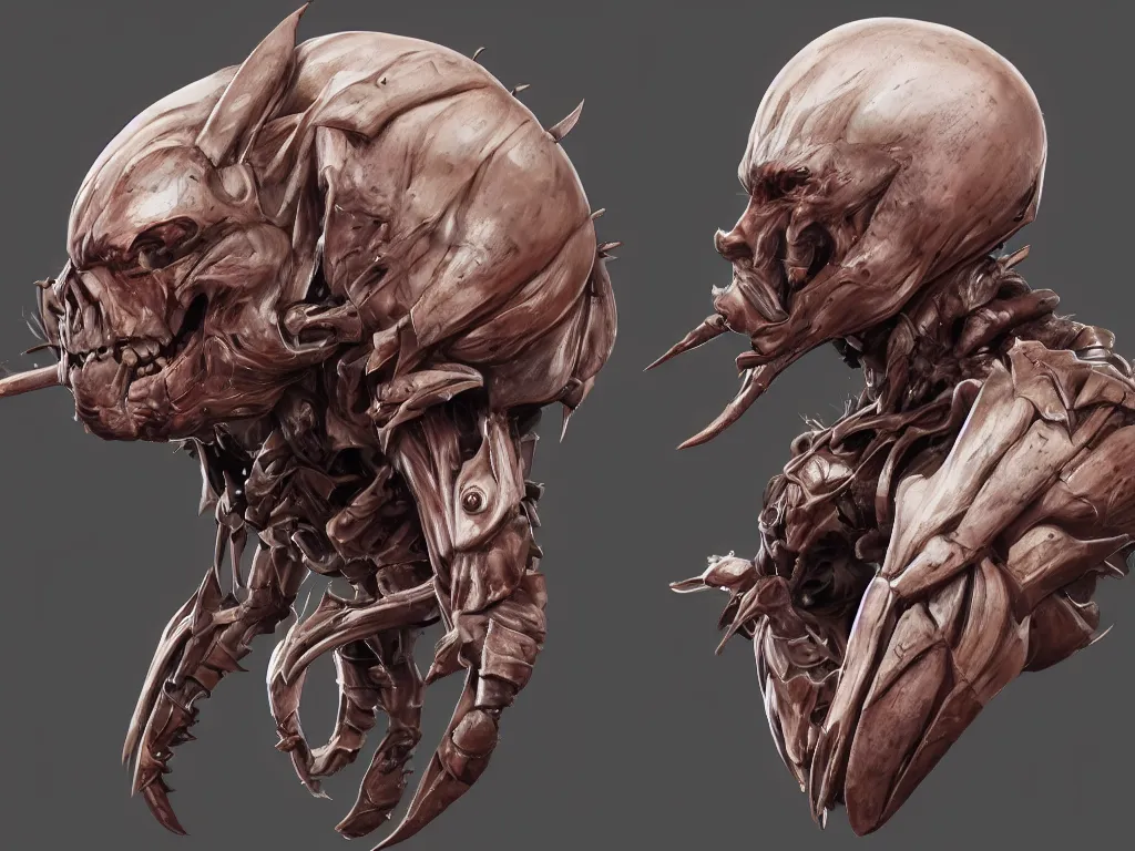 Prompt: game concept art, muscular, exoskeleton, chiroptera head, chiroptera ears, isopod, hyperrealism, fine detail, artstation, cgsociety, zbrush, no background