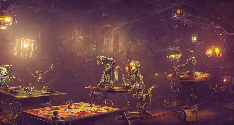 Prompt: a beautiful tapestry, a small robot playing a futuristic boardgames ultra detailed, atmospheric lighting, steampunk, moody, candles, characters from machinarium, by don bluth, trending on artstation, octane render, 8 k, ultra realistic