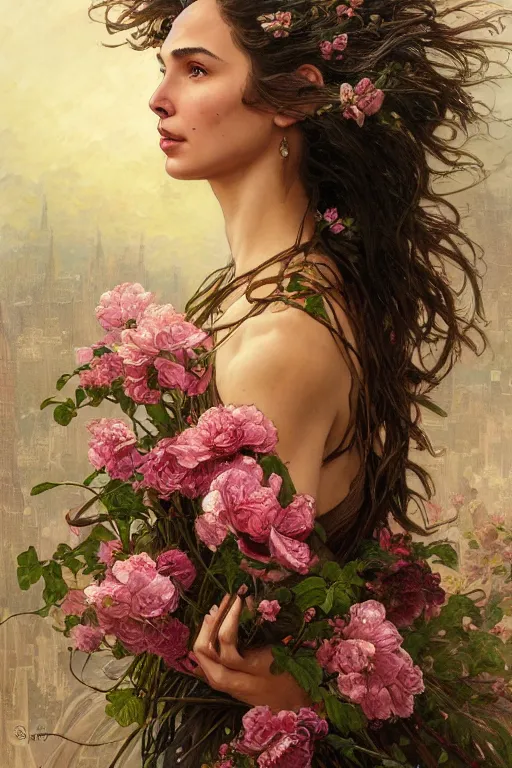 Prompt: portrait of gal gadot as beautiful mysterious woman holding a bouquet of flowing flowers, hands hidden under the bouquet, fantasy, regal, intricate, by stanley artgerm lau, greg rutkowski, thomas kindkade, alphonse mucha, loish, norman rockwell