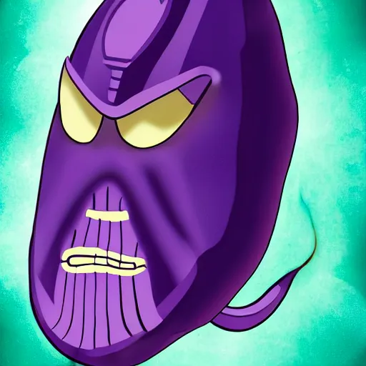 Image similar to thanos as an eggplant with eggplant features with the face of thanos, realistic, hyperrealistic, ultra realistic, real, real world, highly detailed, very detailed, extremely detailed, intricate details, 8 k resolution, hd quality