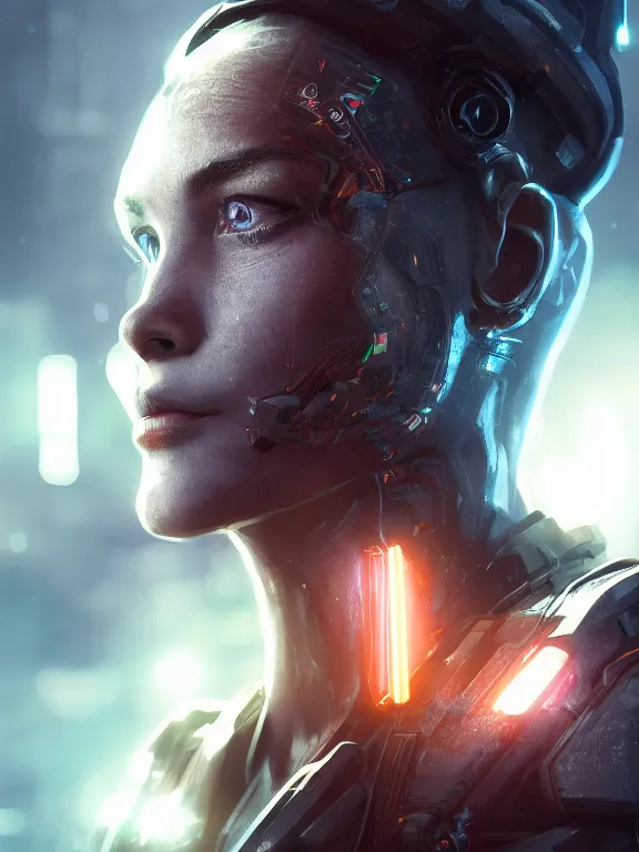 Image similar to comic portrait art of a cpu cyborg 8 k ultra realistic, lens flare, atmosphere, glow, detailed, intricate, full of colour, cinematic lighting, trending on artstation, 4 k, hyperrealistic, focused, extreme details, unreal engine 5, cinematic, masterpiece