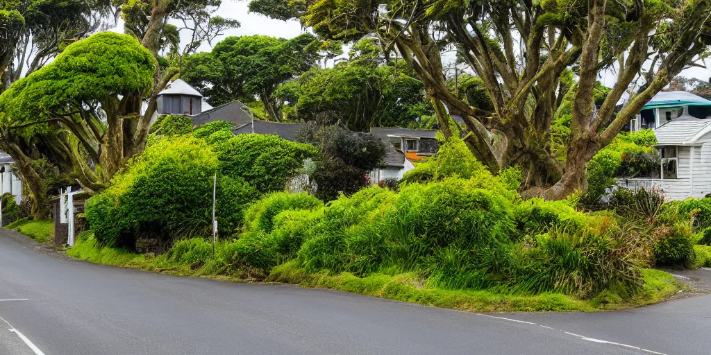 Image similar to a suburban street in wellington, new zealand. quaint cottages interspersed with an ancient remnant lowland podocarp broadleaf forest full of enormous trees with astelia epiphytes and vines. rimu, kahikatea, cabbage trees, manuka, tawa trees, rata. stormy windy day. landscape photography 4 k. stream in foreground