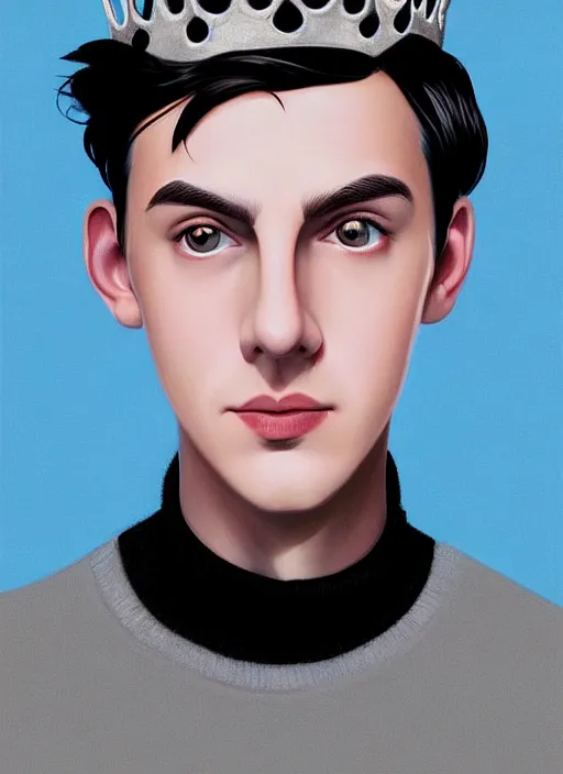 Image similar to portrait of teenage jughead jones wearing a light grey crown, crown, blue turtleneck, 1 9 5 0 s, closed eyes, photorealistic, black hair, glowing lighting, intricate, elegant, glowing lights, highly detailed, digital painting, artstation, concept art, smooth, sharp focus, illustration, art by wlop, mars ravelo and greg rutkowski