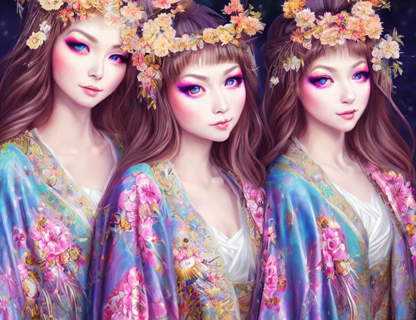 Image similar to two beautiful fashion siberian girls wear fantasy kimono in festival | | big eyes, sunny, dreamlike art, realistic shaded, smile, good looking, hyper details, 4 k realistic, cryengine, realistic shaded lighting poster by artgerm, ross tran, fuji choko, loish, 8 k resolution, trending on artstation, luxury