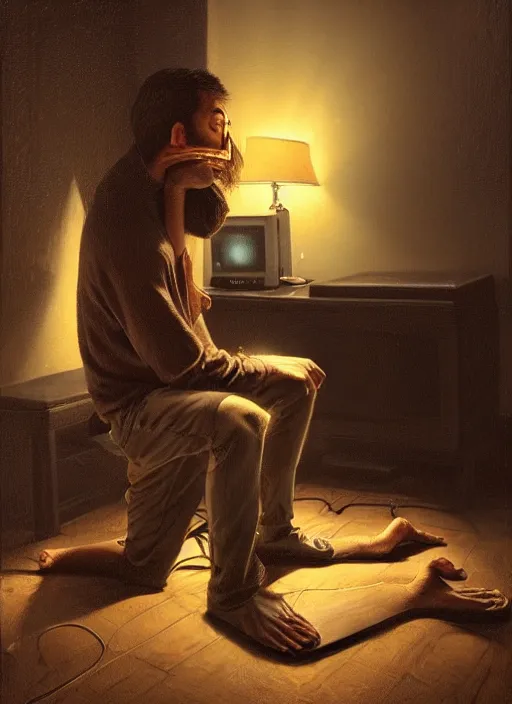 Image similar to insanely detailed chiaroscuro image of a exhausted - looking stalky casually - dressed programmer guy on his knees facing his glowing ultrawide computer monitor monitor begging it for forgiveness, oil on canvas, masterwork, fine detail, trending on artstation, emotive, insanely compelling, ryden, koons, moebius