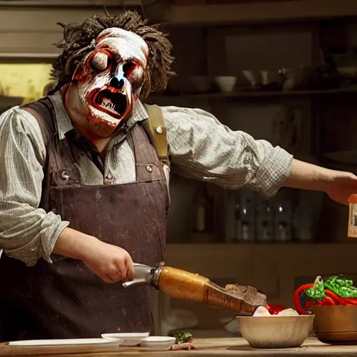 Prompt: photorealistic Leatherface from the movie The Texas Chainsaw Massacre hosting a cooking show