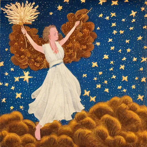 Image similar to The collage features a woman with wings made of stars, surrounded by a blue and white night sky. The woman is holding a staff in one hand, and a star in the other. She is wearing a billowing white dress, and her hair is blowing in the wind. leather, kokedama by Mark Briscoe terrifying