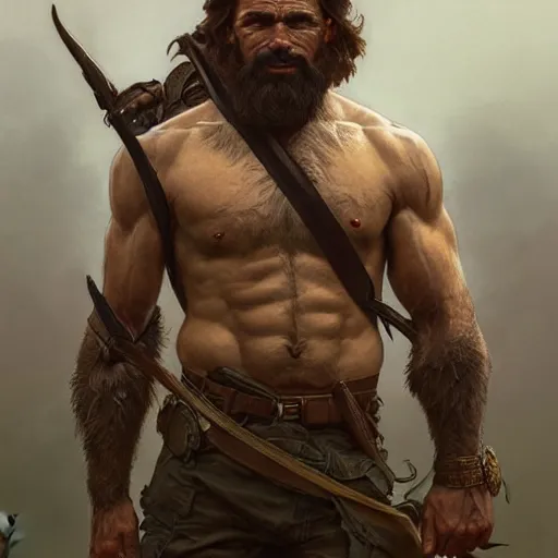 Image similar to portrait of a rugged ranger, muscular, upper body, hairy torso, D&D, fantasy, intricate, elegant, highly detailed, digital painting, artstation, concept art, matte, sharp focus, illustration, art by Artgerm and Greg Rutkowski and Alphonse Mucha