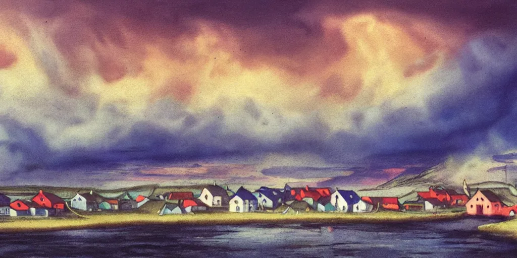 Prompt: a beautiful painting of a icelandic fishing village, storm clouds gathering over the town, by studio ghibli 8 k pastel colours, smeared watercolours, golden light film grain