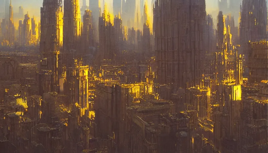 Image similar to city of golden shadows, intricate detailed painting, cityscape, john harris, reflective lighting