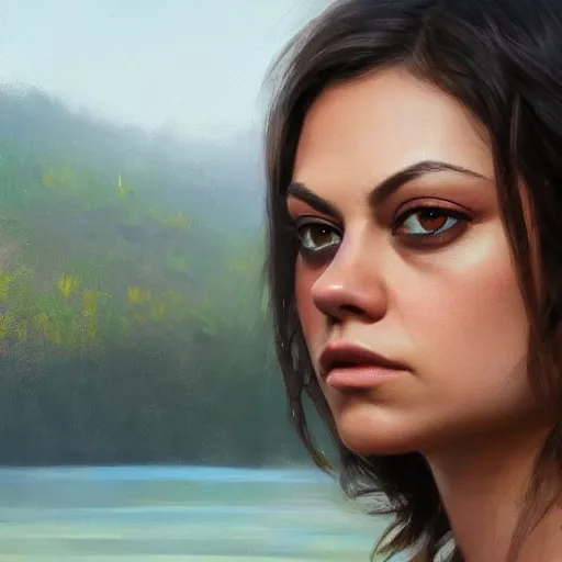 Image similar to winking mila kunis closeup portrait, dramatic light, lake background, 2 0 0 mm focal length, painted by stanley lau, painted by greg rutkowski, painted by stanley artgerm, digital art, trending on artstation