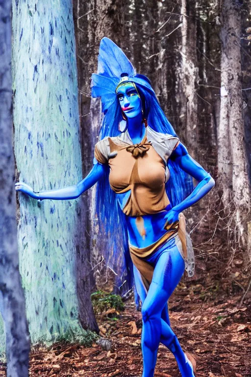 Prompt: an italian woman dressed as a blue-skinned female navi from avatar standing in a forest, blue body paint, high resolution film still, 8k, HDR colors, cosplay, outdoor lighting, high resolution photograph, photo by bruce weber