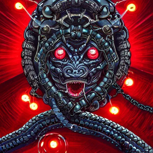 Prompt: hybrid snake, dark angel, demon, satan, red eyes, chain, handcuffs, large chain, wide open mouth, scream, cruelty, light effect, hyper detailed, intricate, elegant, highly detailed, digital painting, artstation, concept art, matte, sharp focus, illustration, by dan mumford, yusuke murata, makoto shinkai, ross tran