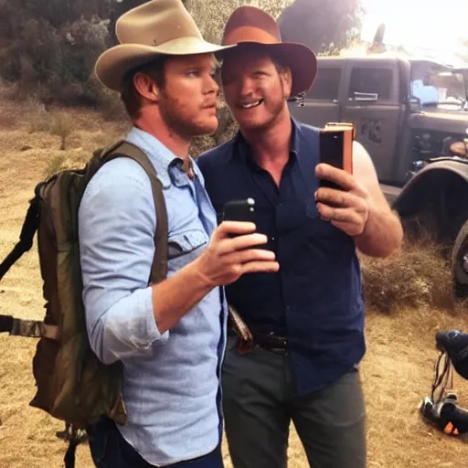 Prompt: chris pratt as indiana jones taking a selfie with harrison ford, instagram, cinematic, natural lighting, genuine smile