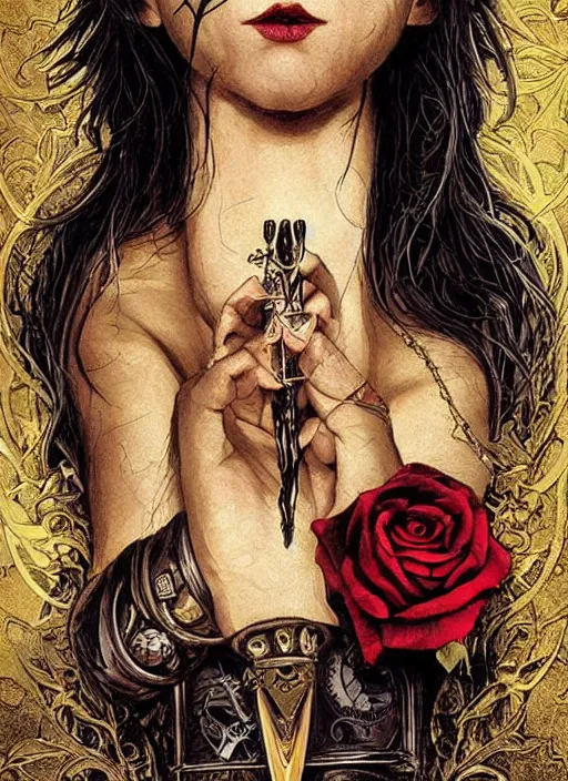 Image similar to tarot card :: horror :: vampires and draculas :: long hair :: hearts and roses :: gold and silver :: guns and swords :: side profile :: highly details :: intricate details :: Sandra Chevrier and bastien lecouffe deharme