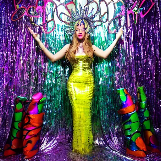 Image similar to jollyfish magazine cover photo, a woman wearing a dress made out of colorful dripping latex and a fancy intricate shiny reflective headdress made out of mirrors, standing in front of a detailed metallic backdrop made out of aluminum foil