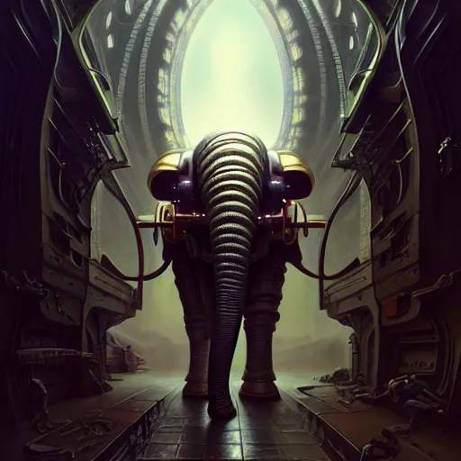 Prompt: low angle shot of a cyberpunk elephant robot character, intricate, elegant, highly detailed, centered, digital painting, artstation, concept art, smooth, sharp focus, illustration, artgerm, Tomasz Alen Kopera, Peter Mohrbacher, donato giancola, Joseph Christian Leyendecker, WLOP, Boris Vallejo