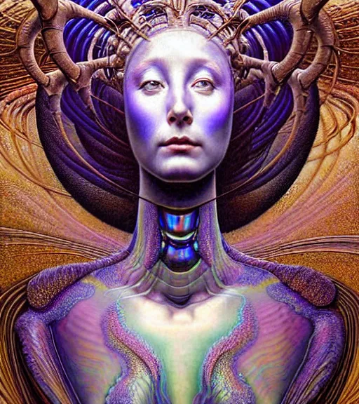 Image similar to detailed realistic iridescent beautiful young cher alien robot as queen of mandelbulb portrait by jean delville, gustave dore and marco mazzoni, art nouveau, symbolist, visionary, baroque. horizontal symmetry by zdzisław beksinski, iris van herpen, raymond swanland and alphonse mucha. highly detailed, hyper - real, beautiful