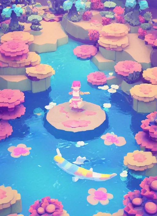 Image similar to pastel cute voxel art of a koi pond, behance, artstation, cute, Japanese, 3d render, unity, beautiful lighting, extremely beautiful, Huang Guangjian and Gil Elvgren and Sachin Teng , Greg Manchess