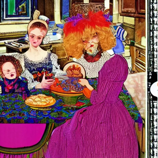 Image similar to hyper realistic hight detailed grandmother with a big mouth eating babies on the table in the russian kitchen, style by harry clarke, bright colors, 4 k, 1 6 k, 3 2 k