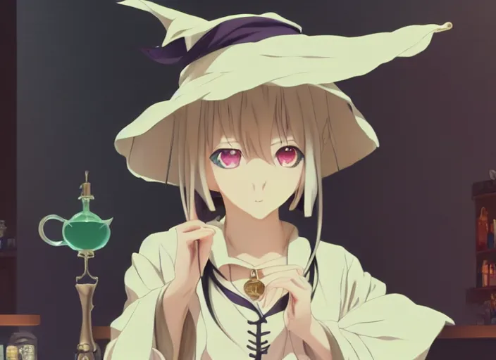 Image similar to anime visual, portrait of a young female wearing a witch hat in a alchemist's potion shop interior, cute face by katsura masakazu and yoh yoshinari,, cinematic luts, dynamic pose, dynamic perspective, strong silhouette, anime cels, ilya kuvshinov, crisp and sharp, rounded eyes, moody, genshin impact colors and costumes
